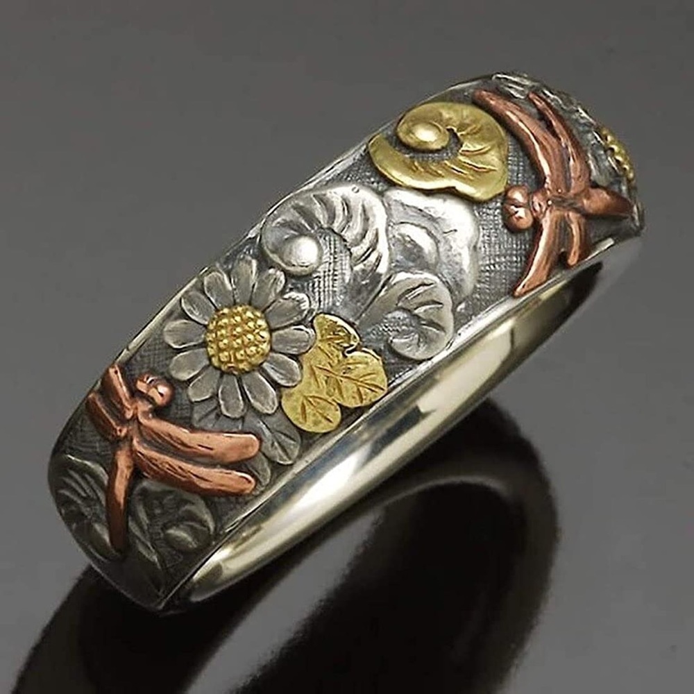 Vintage S925 750 Sterling Silver Rose Gold Carved Dragonfly Sunflower Ring - Picture 10 of 16